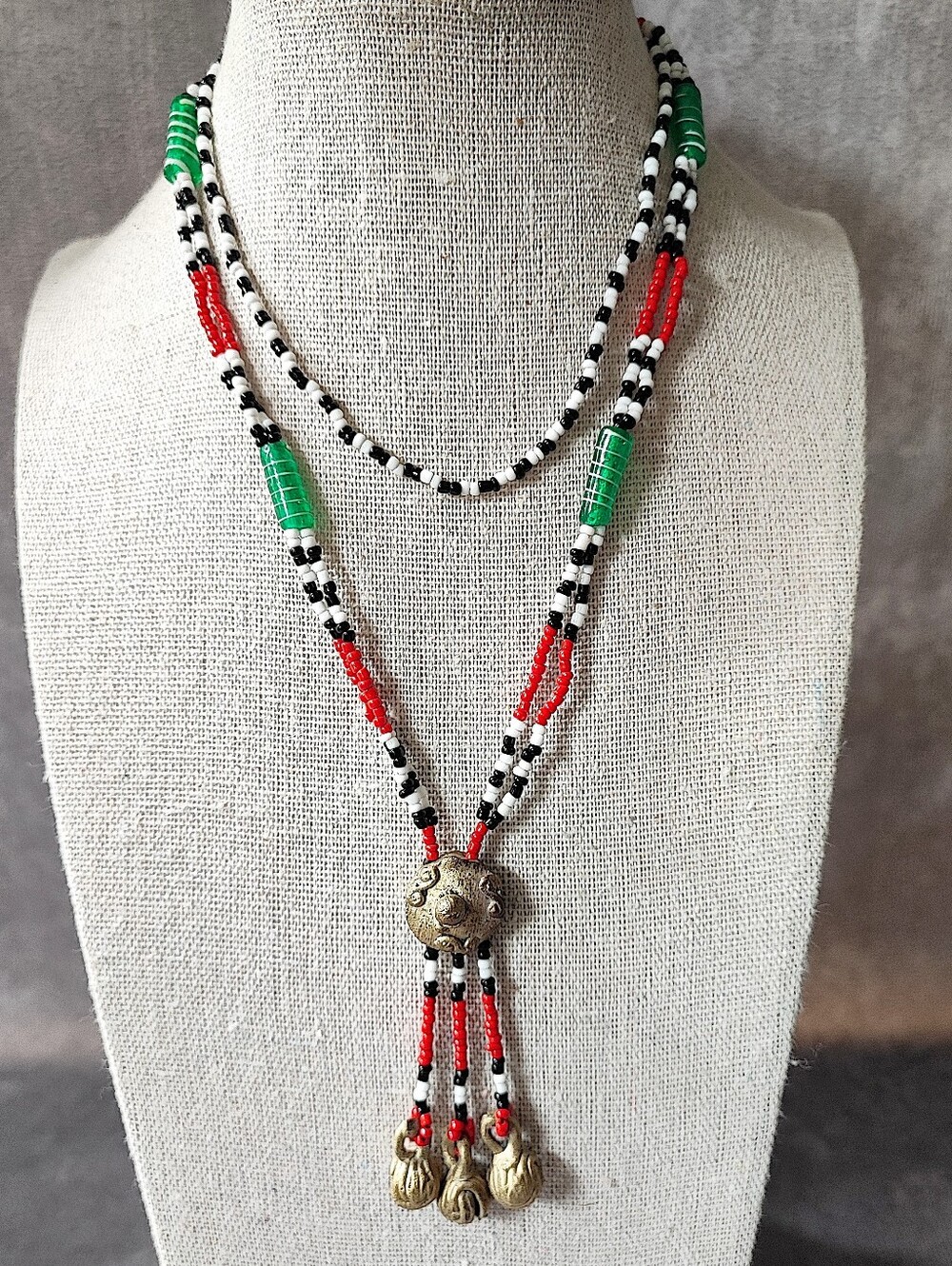 Seed Bead Matte Brass 3 Strand Tassel Tribal Vintage Dual Beaded Necklace